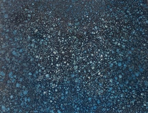 16x20 wrapped canvas features blue and grey bubbles on dark background created through chemical reaction using forged metallic paint. 