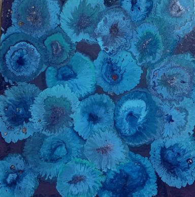 21x21 wrapped canvas features flowers created through paint interaction in light blue and turquoise on dark purple background. 