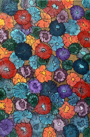 16x24 canvas features colorful flowers in blue, purple, orange, red and green created by chemical interaction.   