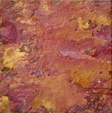 14x14 wrapped canvas with abstract patterns in orange and pink with dark gold accents.